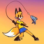  anthro black_ears blue_bottomwear blue_clothing blue_shorts bottomwear canid canine clothing dipstick_tail dot_eyes fangs fish fishing_rod fox fur gloves_(marking) hi_res holding_fishing_rod holding_object leg_markings male mammal marine markings open_mouth orange_body orange_fur rafvicalv shirt shorts simple_background socks_(marking) solo tail tail_markings teeth topwear yellow_clothing yellow_shirt yellow_topwear young 