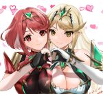  2girls bare_shoulders black_gloves black_leotard bloomers breasts cleavage closed_mouth dated elbow_gloves fingerless_gloves gloves headpiece heart heart_background heart_hands heart_hands_duo large_breasts leotard light_brown_hair long_hair multiple_girls mythra_(xenoblade) nayuta-kanata pyra_(xenoblade) red_eyes red_hair signature simple_background smile swept_bangs underwear upper_body white_background white_bloomers xenoblade_chronicles_(series) xenoblade_chronicles_2 yellow_eyes 