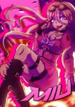  1girl 2023 :p antenna_hair barbed_wire black_choker black_footwear boots bow bowtie breasts character_name choker danganronpa_(series) danganronpa_v3:_killing_harmony feet_out_of_frame fingerless_gloves gloves goggles goggles_on_head hand_up highres index_finger_raised inglebard iruma_miu knee_boots large_breasts long_hair miniskirt multicolored_background o-ring pink_background pink_bow pink_bowtie pink_eyes pink_shirt pink_skirt sailor_collar shirt signature skirt smile solo thighlet tongue tongue_out white_sailor_collar 
