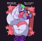  anthro arm_warmers armwear belly belly_squish big_belly big_breasts big_butt breast_squish breasts butt butt_jiggle canid canine canis canon_x_oc clothing collar dialogue dipstick_tail duo emanata english_text female female_focus five_nights_at_freddy&#039;s five_nights_at_freddy&#039;s:_security_breach green_hair hair hi_res insult jiggling kc_(kingcreep105) kingcreep105 larger_anthro larger_female leg_warmers legwear male mammal markings midriff pinned pinned_to_wall rear_view roxanne_wolf_(fnaf) rumbling_stomach scottgames shoulder_pads size_difference smaller_anthro smaller_male spiked_collar spikes squish steel_wool_studios tail tail_markings talking_to_another text white_hair wide_hips wolf 
