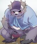  2023 anthro belly black_body black_nose blush bodily_fluids clothed clothing clothing_lift cum erection generation_6_pokemon genital_fluids genitals hat headgear headwear kemono konbu male masturbation nintendo pangoro penis pokemon pokemon_(species) shirt shirt_lift slightly_chubby solo topwear white_body 