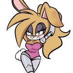  1:1 anthro archie_comics arms_above_head blonde_hair bunnie_rabbot buttermoth clothing eyeshadow female fur green_eyes hair hi_res lagomorph leotard leporid long_hair makeup mammal markings mole_(marking) mole_on_breast rabbit robotic_arm robotic_leg robotic_limb sega smile solo sonic_the_hedgehog_(archie) sonic_the_hedgehog_(comics) sonic_the_hedgehog_(series) yellow_body yellow_fur 