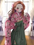  1girl blurry blush bow breasts brown_hair curtains day depth_of_field dot_nose floral_print_kimono furisode green_bow green_hakama hair_bow hair_ribbon hakama hands_up highres idolmaster idolmaster_(classic) idolmaster_million_live! idolmaster_million_live!_theater_days indoors japanese_clothes kimono long_hair long_sleeves looking_at_viewer minase_iori open_mouth pink_kimono pink_ribbon red_eyes ribbon sleeves_past_fingers sleeves_past_wrists small_breasts solo striped striped_kimono sunlight waist_bow wide_sleeves window wooden_floor yuanagae 