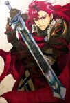  1boy closed_mouth diamant_(fire_emblem) fire_emblem fire_emblem_engage highres holding holding_sword holding_weapon looking_at_viewer male_focus red_eyes red_hair sturm_fe_k11 sword upper_body weapon white_background 