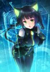  1girl animal_ears black_gloves black_hair braid cat_ears cat_girl cat_tail elbow_gloves gerat gloves green_eyes highres medium_hair nein_(album) neon_trim open_mouth pe.chi solo sound_horizon tail twin_braids 