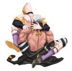  2boys absurdres bare_back bare_shoulders blonde_hair grey_hair head_back highres implied_anal implied_sex jojo_no_kimyou_na_bouken leg_lock legwear_garter male_focus multiple_boys muscular muscular_male off_shoulder pants partially_undressed prosciutto purple_socks risotto_nero shoulder_grab socks spread_legs striped striped_pants sweat tasse_jj vento_aureo yaoi 