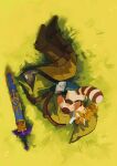  1boy blonde_hair brown_footwear brown_pants closed_eyes from_above grass green_headwear green_shirt highres link lying male_focus master_sword on_side pants pisu_1107 shirt short_sleeves sleeping solo sword the_legend_of_zelda weapon 