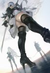  1boy 2b_(nier:automata) 2girls 9s_(nier:automata) a2_(nier:automata) ass black_blindfold black_footwear black_gloves black_hairband black_jacket black_shorts black_thighhighs blindfold boots breasts closed_mouth from_below full_body gloves hairband high_heel_boots high_heels highres holding holding_sword holding_weapon jacket juliet_sleeves long_hair long_sleeves looking_at_viewer maeshima_shigeki medium_breasts multiple_girls nier:automata nier_(series) puffy_sleeves short_hair shorts solo_focus sword thigh_boots thighhighs upskirt weapon white_hair 