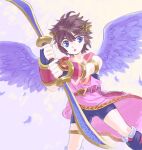  1boy alternate_color angel angel_wings armband armlet blue_eyes bow_(weapon) brown_hair dutch_angle feathers holding holding_bow_(weapon) holding_weapon kid_icarus laurel_crown looking_to_the_side male_focus nopepe pit_(kid_icarus) solo super_smash_bros. weapon wings 