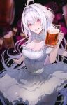  1girl absurdres age_nasuo ahoge alcohol artist_logo beer beer_mug breasts cleavage cup dirndl dress fate/grand_order fate_(series) german_clothes hair_intakes highres long_hair merlin_(fate/prototype) mug pink_eyes smile thighhighs white_dress white_hair 