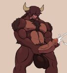  anthro balls big_balls body_hair bovid bovine cattle chest_hair droll3 ejaculation european_mythology genitals greek_mythology hair hair_over_eye hand_on_penis hi_res horn huge_balls licking licking_lips male mammal minotaur muscular muscular_male mythology nude one_eye_obstructed penis pubes solo tongue tongue_out 