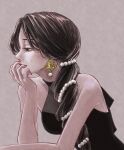  1girl black_dress black_eyes black_hair dress earrings gem grey_background hair_ornament hand_up highres jewelry leaning_forward lipstick long_hair makeup original pearl_(gemstone) pearl_hair_ornament red_nails shiraco_(sgdv2435) sleeveless sleeveless_dress solo 