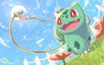  animal_focus blue_sky bright_pupils bulbasaur claws fangs fence flower from_below no_humans nostrils on_grass open_mouth orange_flower picket_fence pokemon pokemon_(creature) red_eyes sky sparkle sun watering_can white_pupils wooden_fence yutayara 