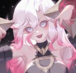  1girl :d bare_shoulders black_background breasts briar_(league_of_legends) detached_sleeves grey_background grey_eyes grey_hair grey_nails hair_between_eyes hands_up highres ladyofmorh large_breasts league_of_legends long_hair nail_polish pink_hair sharp_teeth smile solo teeth upper_teeth_only white_hair 