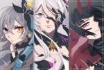  3girls black_gloves blue_dress bronya_zaychik bronya_zaychik_(herrscher_of_reason) close-up closed_mouth dress earrings gloves grey_background grey_hair hair_ornament heterochromia highres honkai_(series) honkai_impact_3rd horns jewelry kiana_kaslana kiana_kaslana_(herrscher_of_the_void) long_hair looking_at_viewer multiple_girls orange_eyes purple_eyes purple_hair raiden_mei raiden_mei_(herrscher_of_thunder) very_long_hair white_dress white_hair yellow_eyes zunda_kaku 