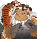  3boys animal_ears artin_(boogbogex) bara beard black_fur blush boogbogex boy_sandwich brown_fur dog_boy dog_ears ears_down facial_hair furry furry_male furry_with_furry furry_with_non-furry haki_(boogbogex) highres interspecies large_pectorals licking licking_another&#039;s_cheek licking_another&#039;s_face male_focus mature_male multiple_boys muscular muscular_male neck_fur orange_fur original pectorals sandwiched short_hair sideburns_stubble size_difference sweatdrop tank_top thick_eyebrows tiger_boy tiger_ears upper_body whiskers white_fur white_tank_top 