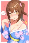  @_@ blue_kimono blush bra breasts brown_hair check_commentary cleavage collarbone commentary_request floral_print flying_sweatdrops hair_between_eyes hair_ornament hairclip hand_up highres idolmaster idolmaster_million_live! idolmaster_million_live!_theater_days japanese_clothes karua_(karua23) kasuga_mirai kimono lace-trimmed_bra lace_trim long_sleeves looking_at_viewer medium_breasts medium_hair notice_lines parted_lips pink_background pink_bra pink_scrunchie sash scrunchie side_ponytail sidelocks spoken_blush sweat underwear upper_body yellow_eyes yellow_sash yukata 