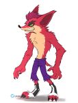  2020 4_fingers activision anthro artist_name bandicoot biped black_claws black_nose bottomwear claws clenched_teeth clothed clothing crash_bandicoot_(series) evil_crash eyebrows finger_claws fingers footwear full-length_portrait fur green_sclera hi_res male mammal marsupial pants portrait rakkun13 red_body red_eyes red_fur shoes simple_background solo standing teeth toe_claws topless white_background 
