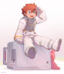  1girl absurdres blue_eyes ericht_samaya full_body gundam highres keychain looking_afar mobile_suit_gundam open_mouth pastel_colors red_hair seamonsterping short_hair sitting smile solo spacesuit stuffed_toy suitcase teeth thick_eyebrows upper_teeth_only white_background 