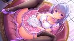  1girl :o apron black_thighhighs breasts chair cleavage commentary_request dress dutch_angle gloves gradient_hair hair_between_eyes high_heels indoors large_breasts long_hair m_legs maid maid_apron maid_headdress multicolored_hair open_mouth original panties pink_dress pink_hair purple_eyes purple_footwear purple_hair purple_panties short_sleeves sitting solo thigh_strap thighhighs two-tone_hair umitonakai underwear white_gloves window 