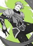  1boy absurdres achilles_(fate) armor fate/grand_order fate_(series) feet_out_of_frame furrowed_brow gauntlets green_background greyscale_with_colored_background grin haruakira highres male_focus mature_male polearm_behind_back sash short_hair shoulder_armor simple_background smile solo undercut v 