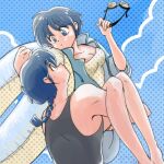  1boy 1girl blue_eyes blue_hair blue_sky braid braided_ponytail breasts cloud cloudy_sky couple goggles highres holding holding_goggles ranma_1/2 saotome_ranma short_hair sky swimsuit tendou_akane 