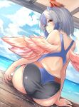  1girl adworse ass bird_wings blue_hair blue_sky closed_mouth cloud commentary dutch_angle grey_hair head_wings highres horizon horns looking_at_viewer looking_back multicolored_hair one-piece_swimsuit outdoors red_wings single_head_wing sitting sky smile solo swimsuit tokiko_(touhou) touhou two-tone_hair wings 