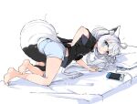  1girl ? ahoge animal_ear_fluff animal_ears ass barefoot bed black_shirt blue_shorts braid cellphone fox_ears fox_girl fox_tail hair_between_eyes highres hololive long_hair looking_at_viewer mota nintendo_switch on_bed phone pillow shirakami_fubuki shirt short_shorts short_sleeves shorts simple_background single_braid solo tail virtual_youtuber white_background white_hair 