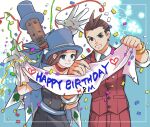  1boy 1girl ace_attorney antenna_hair apollo_justice aqua_necktie banner belt_pouch black_dress blue_cape blue_eyes blue_headwear border bow bowtie bracelet brother_and_sister brown_eyes brown_hair buttons cape collared_shirt confetti cowboy_shot diamond_button dress flower_(symbol) forked_eyebrows gloves grin half-siblings happy_birthday hat heart highres holding holding_banner jewelry lapels looking_at_viewer mr_hat_(ace_attorney) necktie outside_border pants pocket pouch print_cape puppet ragi_(od6fine) red_bow red_bowtie red_pants red_scarf red_suit red_vest scarf shirt short_hair siblings sleeves_rolled_up smile spade_(shape) suit top_hat trucy_wright vest white_border white_gloves white_shirt 