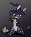  anthro armwear bracelet breasts broom cleaning_tool clothing digital_media_(artwork) disney elbow_gloves eyeshadow female fur genitals gloves grey_body handwear hat headgear headwear jewelry judy_hopps lagomorph legwear leporid makeup mammal mortimer_thorn nipples purple_eyes pussy rabbit simple_background smile solo solo_focus stockings witch_hat zootopia 