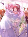  4girls blonde_hair blue_eyes bow bowtie bridal_gauntlets bridal_veil brown_eyes carrying chiyoda_momo closed_eyes couple demon_girl demon_horns demon_tail dress eye_contact fang flower green_eyes hair_bun hair_flower hair_ornament hands_over_own_mouth happy highres hinatsuki_mikan horns indoors jewelry kyarahiba light_blush lilith_(machikado_mazoku) looking_at_another machikado_mazoku multiple_girls necklace open_mouth orange_hair pearl_necklace petals pink_hair princess_carry red_hair shoes smile suit tail tears veil wedding_dress wife_and_wife x_hair_ornament yoshida_yuuko_(machikado_mazoku) yuri 