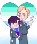  2boys annlu_vazzel black_hair blonde_hair blue_eyes blush brown_hair chibi clothes_grab couple emblem erwin_smith feet_out_of_frame flag_background gay_male_pride_flag heart height_difference highres holding holding_paper levi_(shingeki_no_kyojin) looking_at_another looking_to_the_side male_focus multiple_boys no_mouth paper paradis_military_uniform shingeki_no_kyojin short_hair sleeve_grab sparkling_eyes survey_corps_(emblem) yaoi 