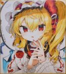  1girl :o blonde_hair crystal drill_hair embellished_costume flandre_scarlet gunjou_row hair_between_eyes hands_up hat long_hair medium_hair mob_cap nail_polish one_side_up open_mouth red_eyes red_nails simple_background slit_pupils solo touhou traditional_media wings 