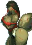  1girl absurdres arm_under_breasts black_hair breasts claws closed_mouth colored_skin cropped_legs deviljho exposed_muscle fangs from_side glowing glowing_eyes green_skin highres large_breasts looking_at_viewer medium_hair miao_jiangyou monster_girl monster_hunter_(series) multiple_scars personification red_eyes scales scar solo spikes tail thick_thighs thighs torn_clothes unsure white_background 