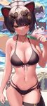  1girl ami_no_fuda animal_ears bikini black_bikini blue_nails breasts brown_hair cherry_hair_ornament dog_ears dog_girl dog_tail food food-themed_hair_ornament hair_ornament heart heart-shaped_eyewear highres inui_toko large_breasts nijisanji popsicle red_eyes short_hair solo swept_bangs swimsuit tail thigh_strap virtual_youtuber 