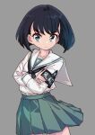  1girl aoi_kujira armband black_eyes black_hair black_neckerchief blunt_ends bob_cut closed_mouth crossed_arms girls_und_panzer green_skirt grey_background highres long_sleeves looking_at_viewer neckerchief ooarai_school_uniform pleated_skirt sailor_collar school_uniform serafuku short_hair simple_background skirt solo sono_midoriko standing white_sailor_collar 