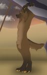  absurd_res animal_genitalia anthro balls blue_eyes canid canine canine_genitalia canis claws desert domestic_dog feet fur genitals gold_claws hi_res horn male mammal neshi nude outside pawpads paws sheath simple_background sky solo stretching tail 