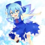  1girl :d absurdres blue_bow blue_dress blue_eyes blue_hair bow cirno commentary dress fang frilled_dress frills hair_between_eyes hair_bow highres ice ice_wings jemen looking_at_viewer open_mouth short_hair sleeveless sleeveless_dress smile solo touhou wings 