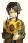  1girl absurdres asymmetrical_hair brown_eyes brown_hair brown_jacket cable flower hair_ornament highres holding holding_flower iwakura_lain jacket light_smile long_sleeves looking_at_viewer luoxuan_matai parted_bangs serial_experiments_lain short_hair simple_background single_sidelock solo straight-on sunflower upper_body x_hair_ornament yellow_background yellow_flower 