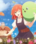  1boy 1girl 1other ;d abs belt blue_hair blurry blurry_foreground cape cloud day hands_on_own_hips headband helck helck_(character) light_blue_hair one_eye_closed outdoors petals piwi red_cape red_eyes red_hair short_sleeves smile standing vermilio_(helck) washamada_(wada) 