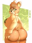  animal_crossing anthro bear big_breasts bottomless bow_on_head breasts brown_body brown_fur clothed clothing eyelashes female fur green_background green_eyes hand_on_hip head_tuft hi_res huge_breasts looking_at_viewer looking_back looking_back_at_viewer mammal maple_(animal_crossing) nintendo open_mouth raccoon_sama rear_view rosy_cheeks simple_background solo tan_body tan_bow tan_clothing tan_fur tan_sweater tan_topwear thick_thighs topwear tuft white_background wide_hips 