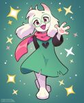  2023 3_toes 4_fingers absurd_res anthro barefoot bovid caprine clothing deltarune eyewear feet fingers floppy_ears fur gesture glasses goat hi_res horn looking_at_viewer loulouvz male mammal open_mouth open_smile ralsei scarf signature smile solo sparkles toes undertale_(series) waving white_body white_fur 