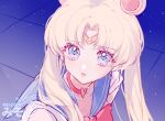  1girl bishoujo_senshi_sailor_moon blonde_hair blue_background blue_eyes blue_sailor_collar choker circlet crescent crescent_earrings derivative_work double_bun earrings gradient_background hair_bun hair_over_shoulder heart heart_choker highres jewelry long_hair looking_at_viewer meme miso_yaki parted_bangs red_choker sailor_collar sailor_moon sailor_moon_redraw_challenge_(meme) sailor_senshi_uniform screencap_redraw solo tile_floor tiles twintails upper_body 