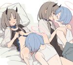  2girls after_kiss arknights bed_sheet black_horns black_shirt blue_hair brown_hair character_request clothes_lift coldcat. commentary_request cunnilingus gloves halo highres horns lifted_by_self long_hair lying multiple_girls multiple_views on_back oral pillow pink_halo saliva saliva_trail shirt shirt_lift short_hair spuria_(arknights) white_gloves yuri 