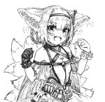  1girl :d absurdres animal_ear_fluff animal_ears arknights bare_shoulders blush braided_hair_rings clothing_cutout commentary earpiece fang fox_ears fox_girl fox_tail gloves greyscale hair_rings hairband hands_up high_contrast highres kitsune kyuubi looking_at_viewer monochrome multiple_tails open_mouth oripathy_lesion_(arknights) shiokaze1409 short_hair shoulder_cutout single_glove single_wrist_cuff smile solo suzuran_(arknights) tail upper_body wrist_cuffs 