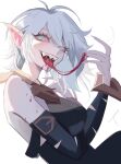  1girl antenna_hair bare_shoulders blood breasts briar_(league_of_legends) colored_sclera detached_sleeves fingernails grey_eyes grey_hair hair_between_eyes hand_up highres large_breasts league_of_legends long_hair looking_at_viewer neorarty open_mouth pointy_ears red_sclera sharp_fingernails sharp_teeth smile solo teeth tongue tongue_out upper_teeth_only vampire 