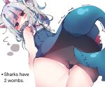  1girl :3 animal_ear_fluff animal_ears ass blue_eyes blue_hair blush cameltoe commentary english_commentary english_text fins fish_tail gawr_gura grey_hair highres hololive hololive_english kemonomimi_mode koyoinacho medium_hair multicolored_hair shark_girl shark_tail shorts solo solo_focus streaked_hair tail thick_thighs thighs upskirt virtual_youtuber white_background 