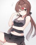  1girl black_bow black_skirt blush bow breasts brown_eyes brown_hair cleavage closed_mouth collarbone fathom hair_between_eyes hair_bow hair_ornament hairclip kantai_collection long_hair low_twintails medium_breasts one_eye_closed pleated_skirt skirt smile solo tashkent_(kancolle) twintails 