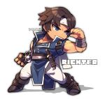  1boy arm_belt artist_name blue_coat blue_eyes boots brown_footwear brown_gloves brown_hair castlevania chain character_name coat collarbone dagger fingernails full_body gloves headband knife kotorai male_focus muscular muscular_male no_nose pants richter_belmont short_hair single_glove solo super_smash_bros. torn_clothes torn_sleeves weapon white_background white_headband white_pants 