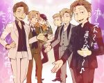  6+boys alternate_costume alternate_hairstyle atsushi_(osomatsu-san) beckoning fur-trimmed_jacket fur_trim grin jacket looking_at_viewer male_focus mikado_(jokeraj) multiple_boys osomatsu-san osomatsu-san_the_movie outstretched_hand oyama_(osomatsu-san) salute smile suit two-finger_salute yanagita_(osomatsu-san) 